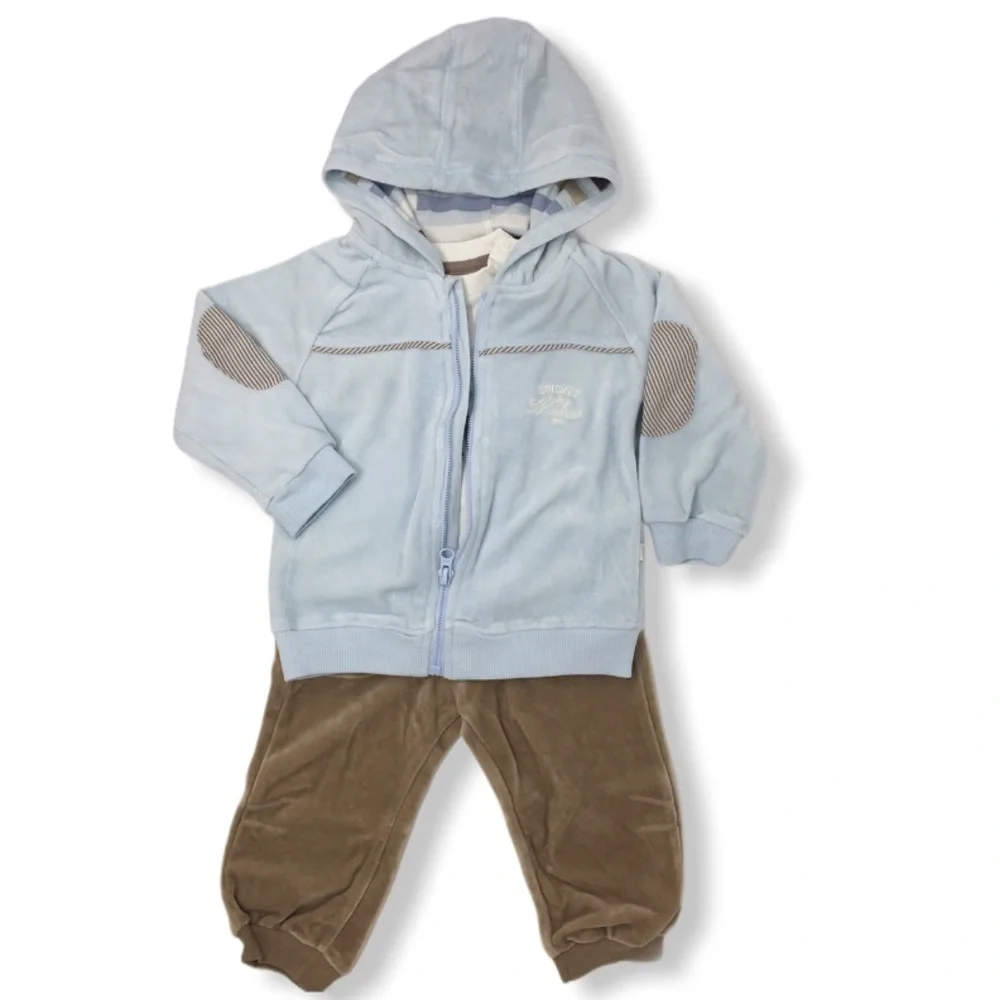 Kanz Baby Boys 3pc Velour Blue and Tan Tracksuit (hoodie, pants, shirt) Outfit